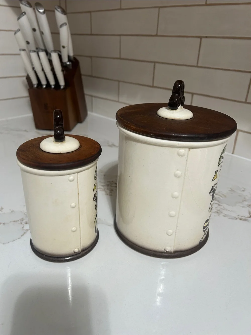 Vintage Metlox Poppytrail Cream Ceramic Tea & Sugar Canister Set with Brown Lids
